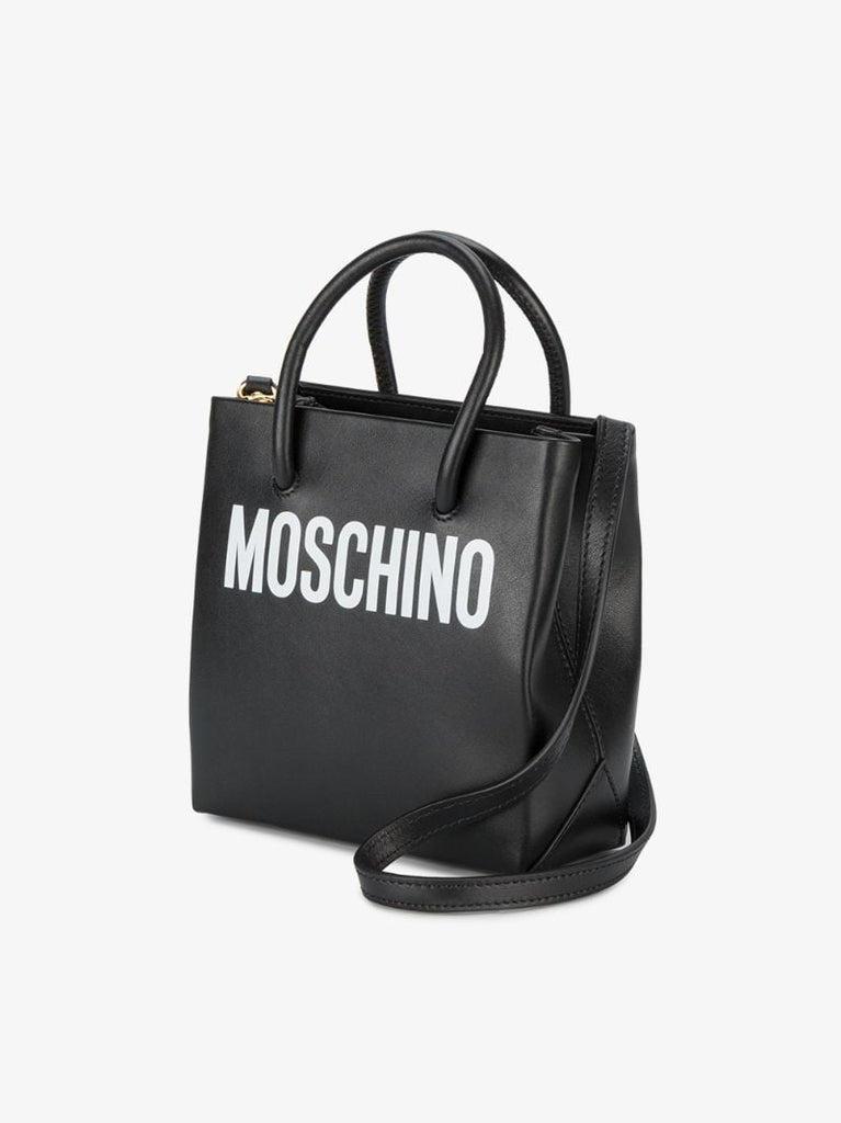 Black Logo Print Leather Tote Bag