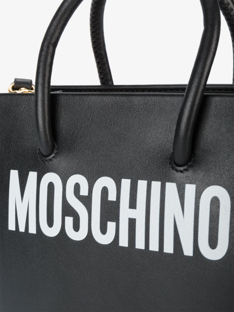 Black Logo Print Leather Tote Bag