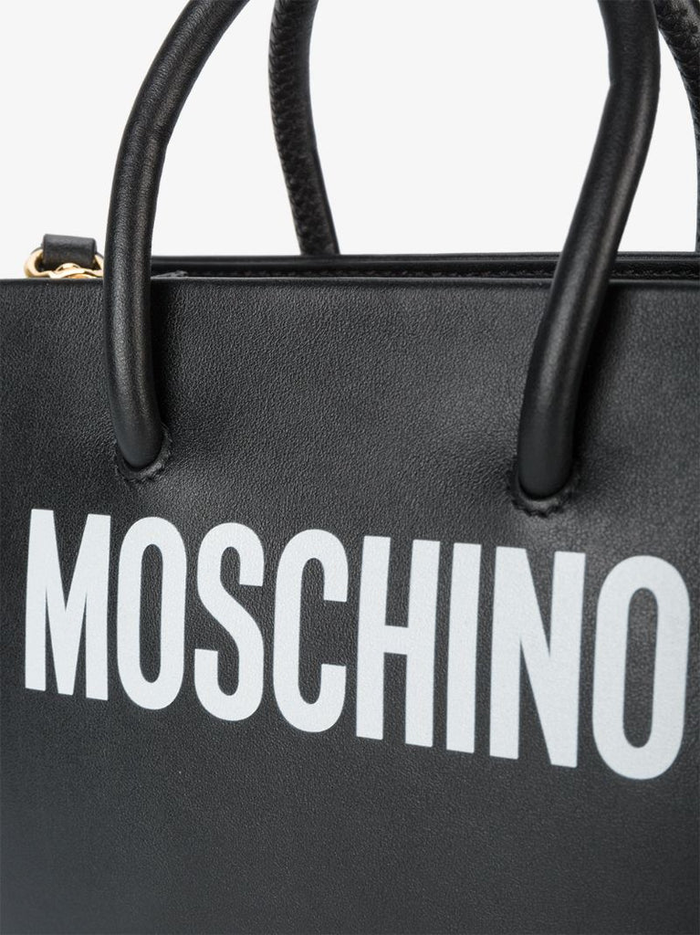 Black Logo Print Leather Tote Bag