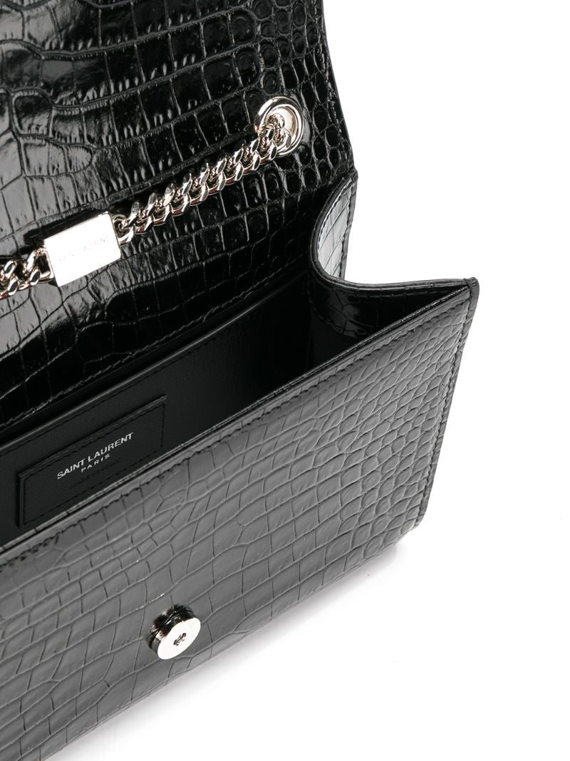 Black Kate Medium Mock Croc Leather Cross Body Bag