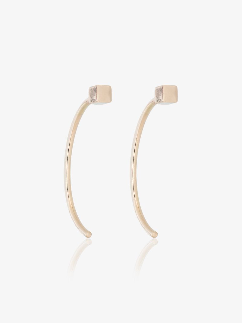 14k Yellow Gold Long Curved Cube Bar Earrings