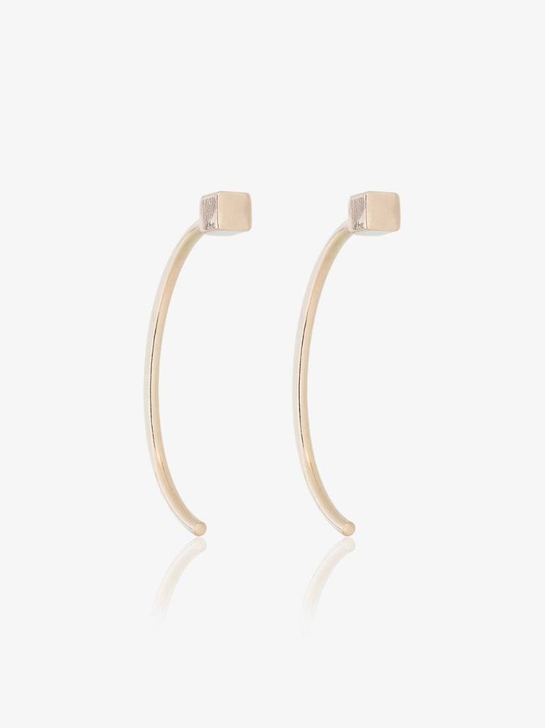 14k Yellow Gold Long Curved Cube Bar Earrings