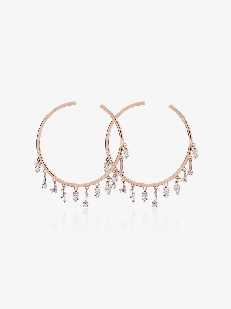 18k Rose Gold Baguette Charm Diamond Hoop Earrings