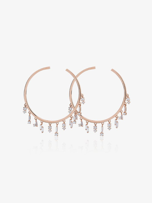 18k Rose Gold Baguette Charm Diamond Hoop Earrings