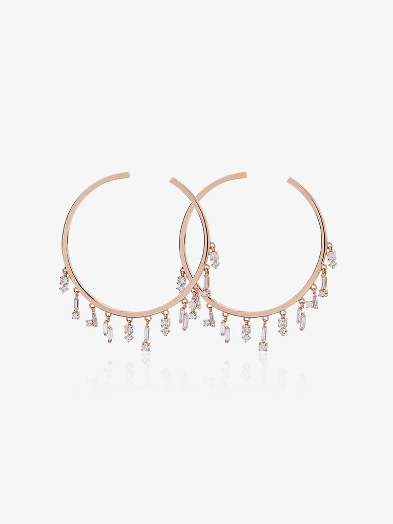 18k Rose Gold Baguette Charm Diamond Hoop Earrings