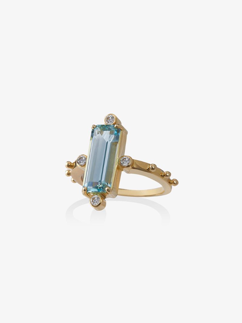 18k Yellow Gold Crossroads Aquamarine and Diamond Ring