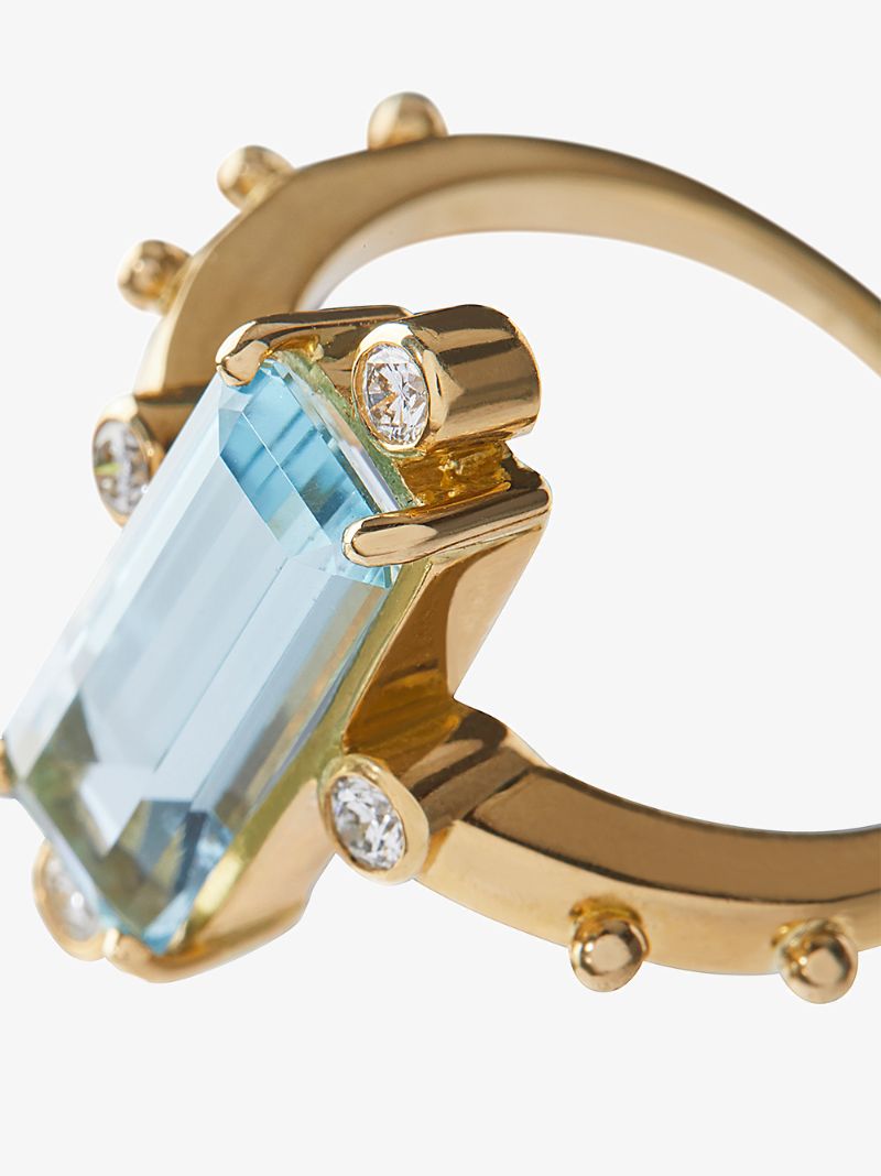 18k Yellow Gold Crossroads Aquamarine and Diamond Ring