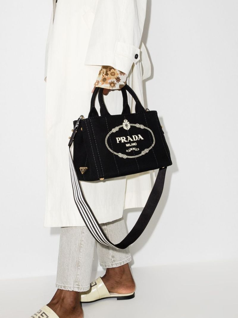 Black Small Logo Print Canvas Tote Bag