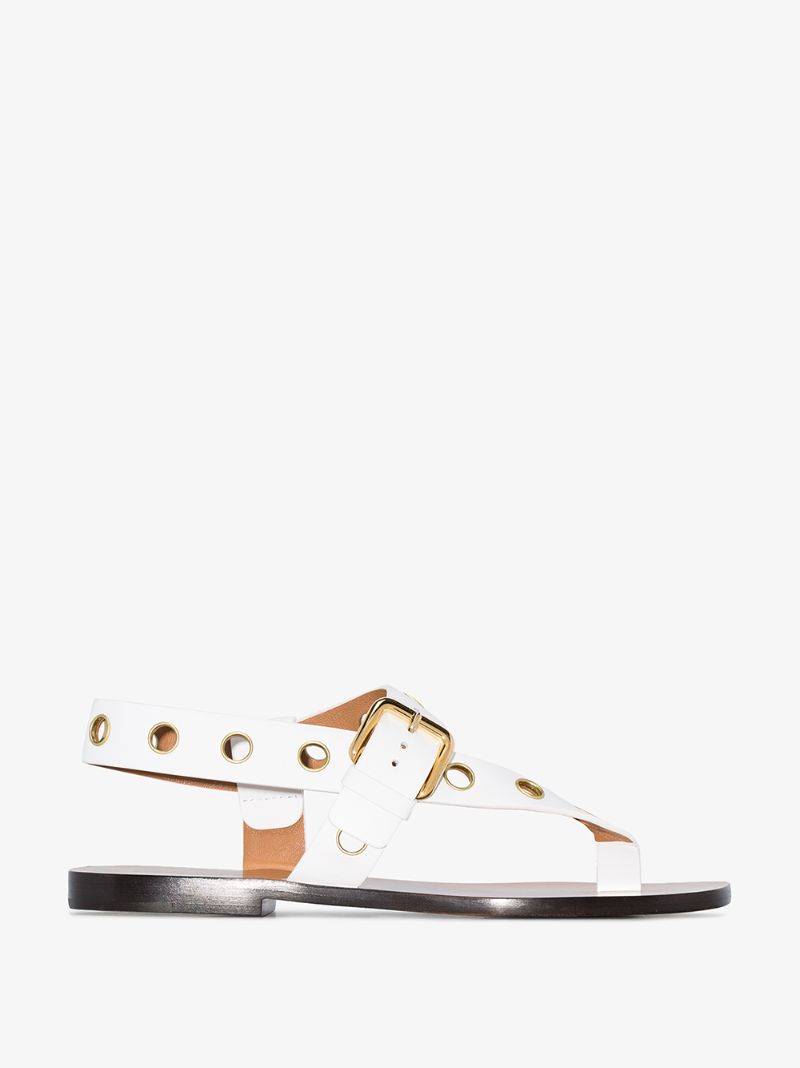 White Leather Gold Rivet Flat Sandals