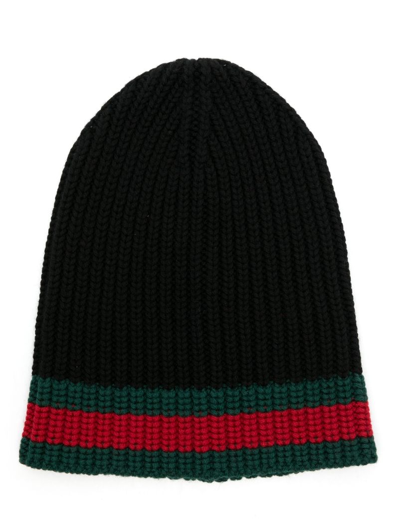 Black Web Stripe Wool Beanie Hat