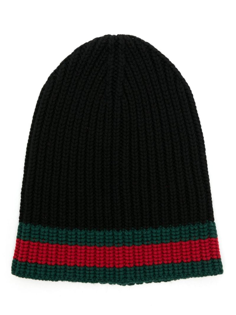 Black Web Stripe Wool Beanie Hat