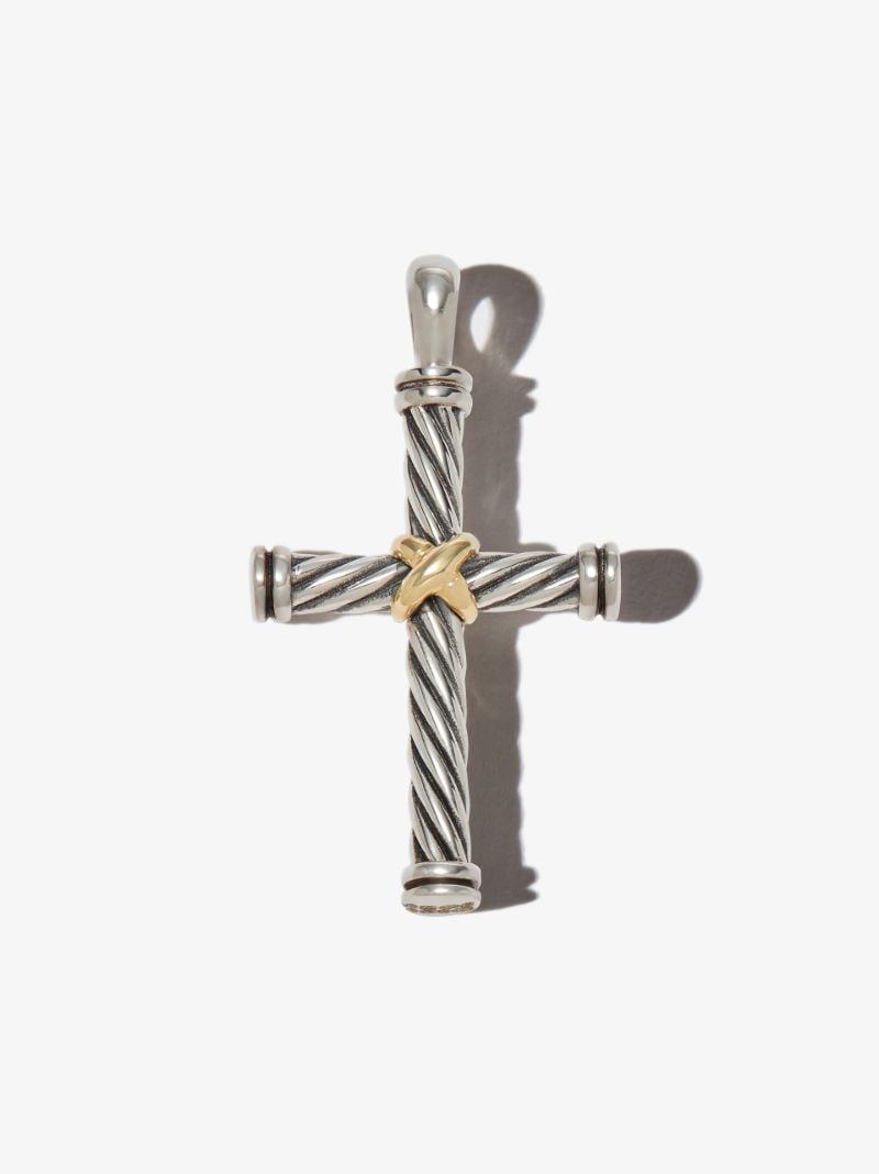 18k Yellow Gold and Sterling Silver Cable Cross Charm