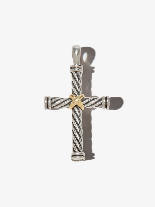 18k Yellow Gold and Sterling Silver Cable Cross Charm