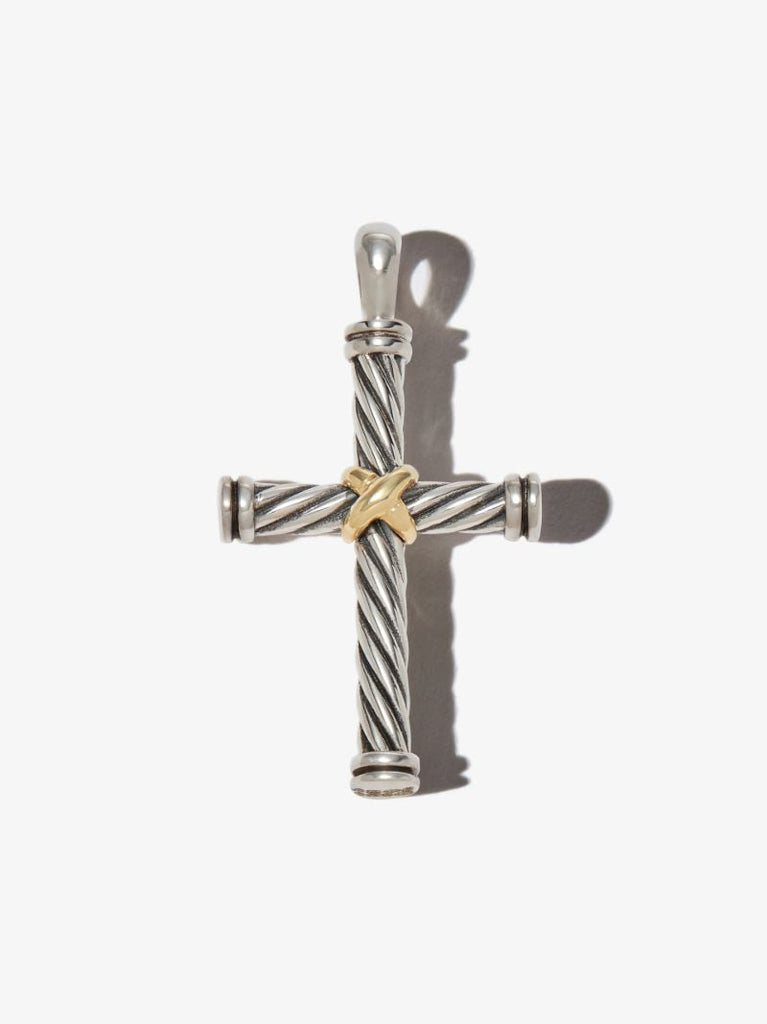 18k Yellow Gold and Sterling Silver Cable Cross Charm