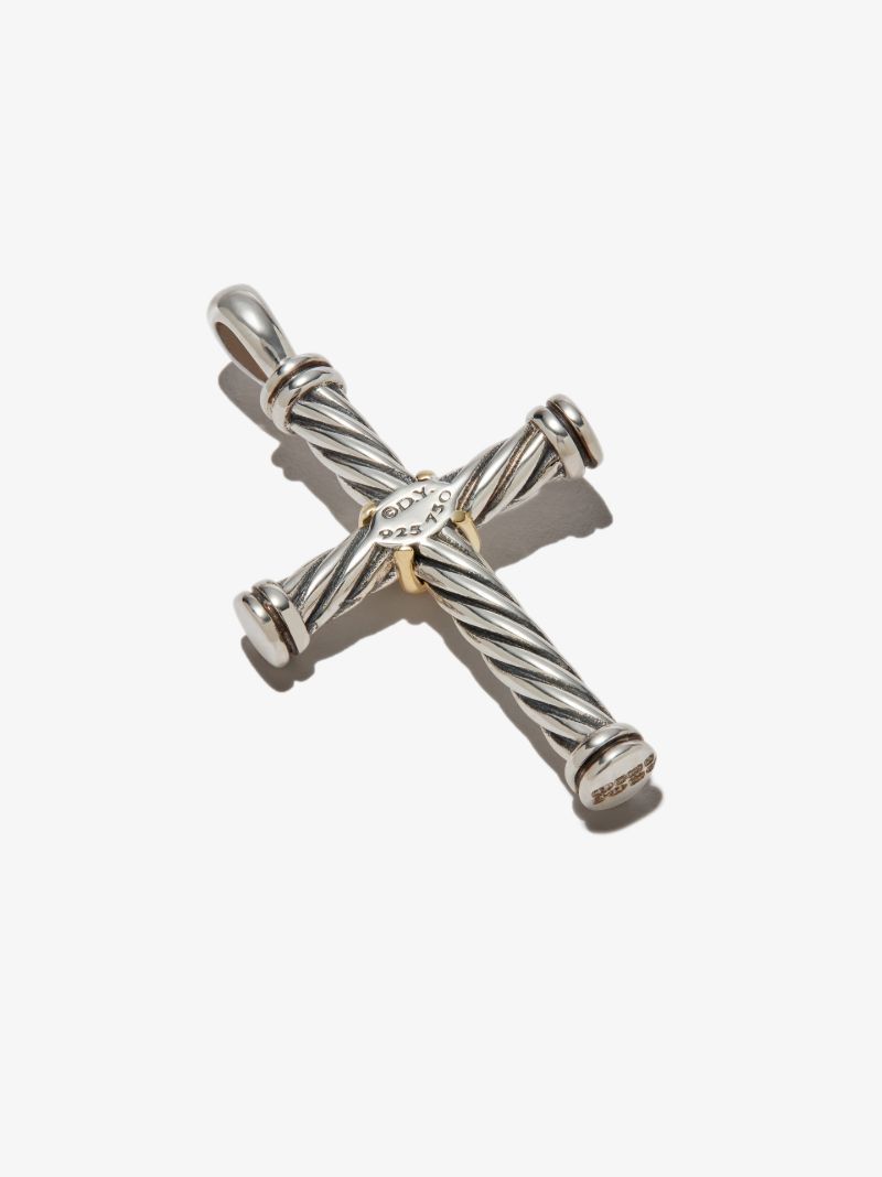 18k Yellow Gold and Sterling Silver Cable Cross Charm