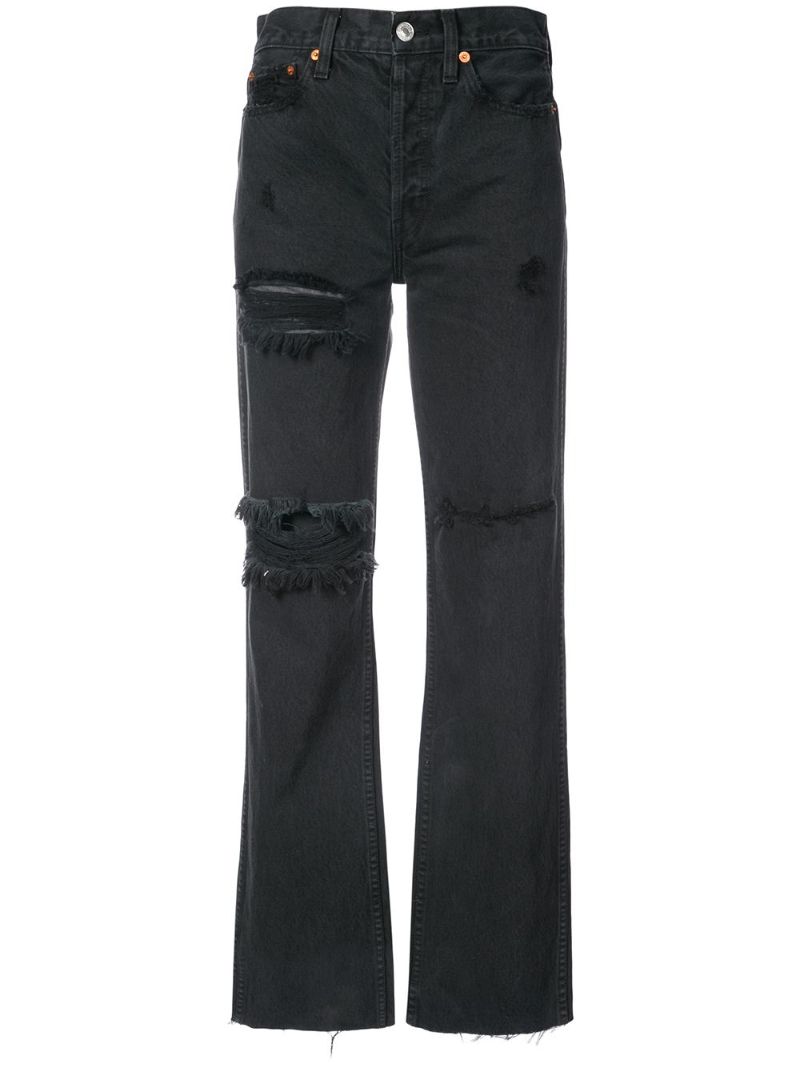 Black Distressed Straight Leg Jeans