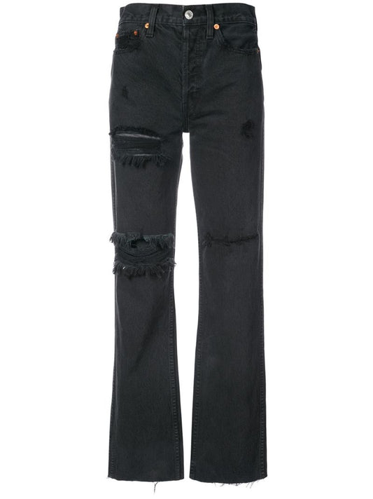 Black Distressed Straight Leg Jeans