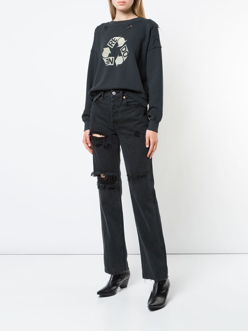 Black Distressed Straight Leg Jeans