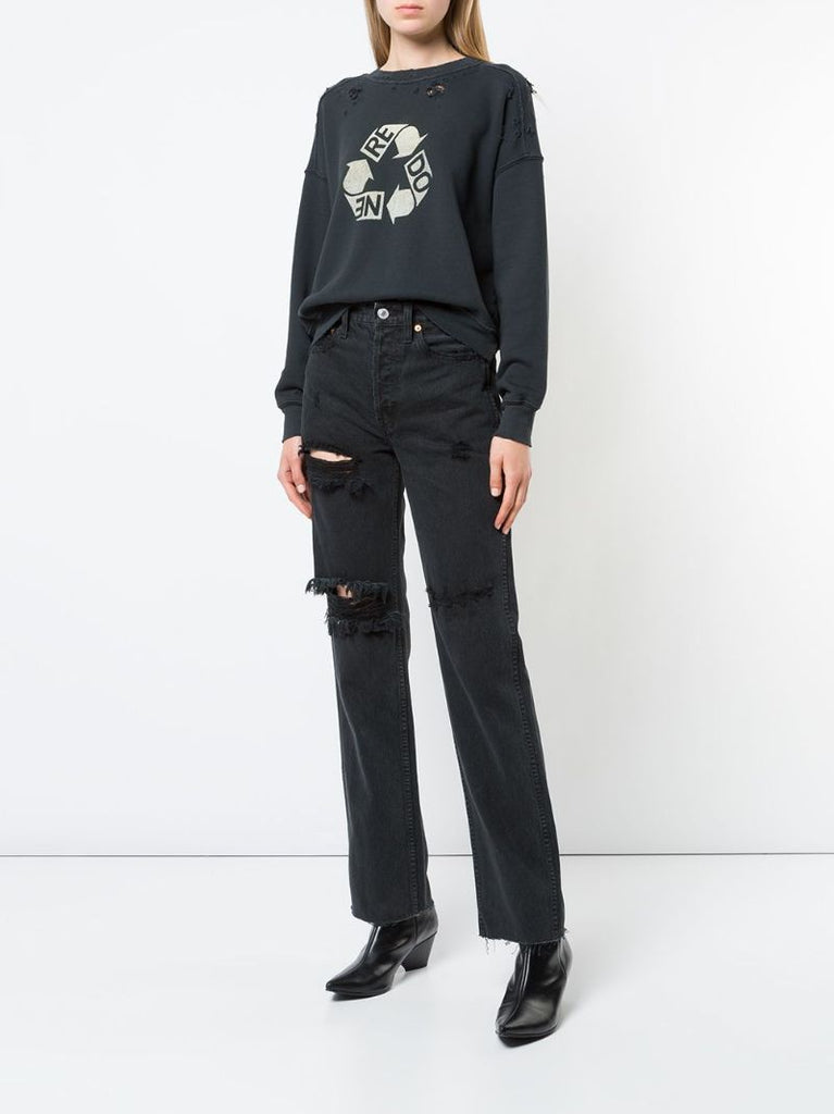 Black Distressed Straight Leg Jeans