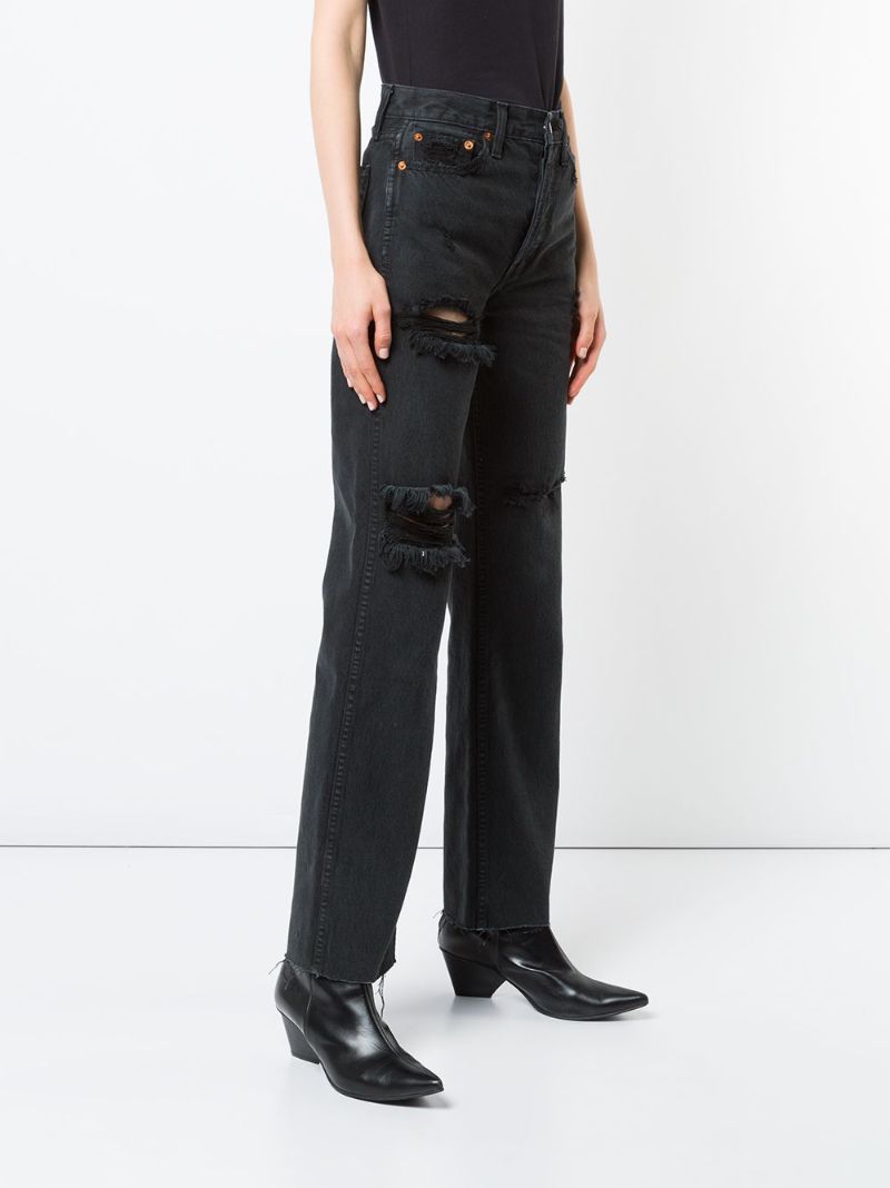 Black Distressed Straight Leg Jeans