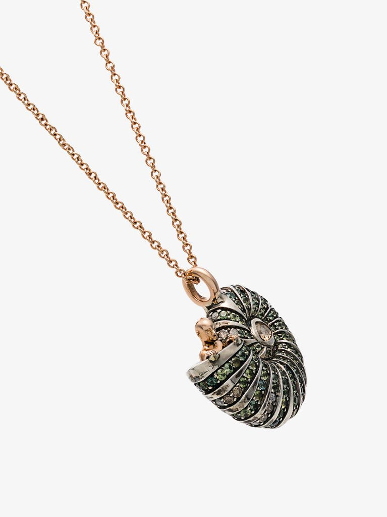 18k Rose Gold Shell Diamond and Sapphire Necklace