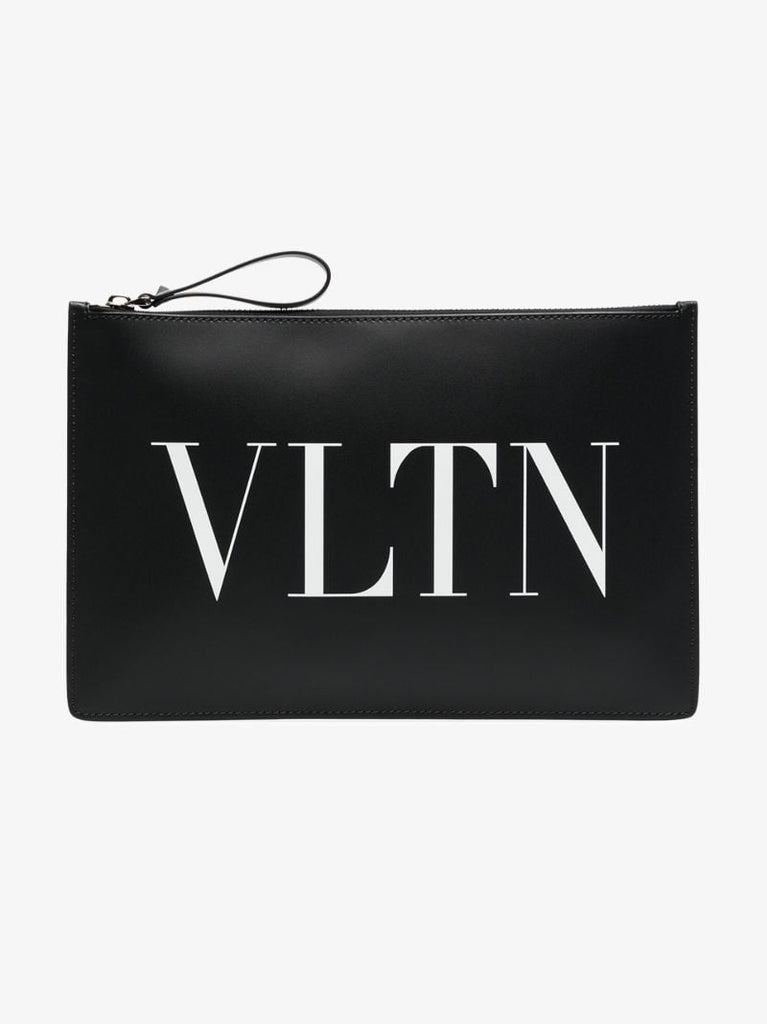 Black Vltn Print Leather Pouch