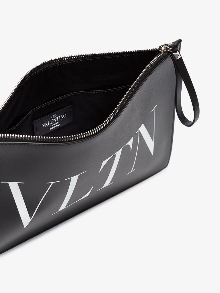 Black Vltn Print Leather Pouch