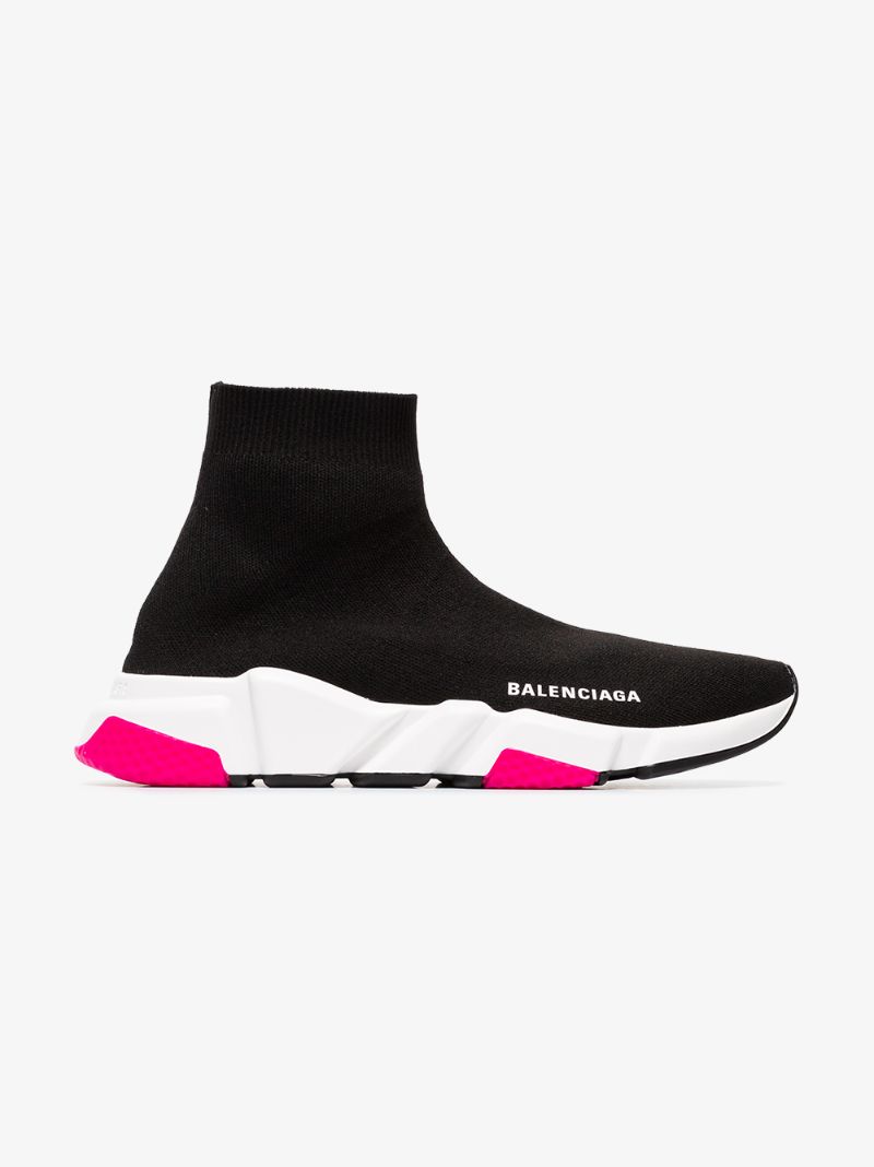 Black, White and Pink Speed Knit High Top Sneakers