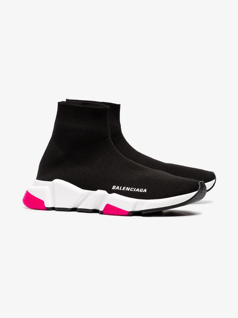 Black, White and Pink Speed Knit High Top Sneakers