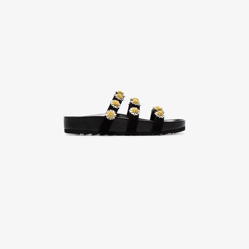 Black Daisy Embellished Suede and Leather Sandals