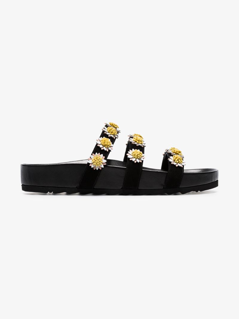 Black Daisy Embellished Suede and Leather Sandals
