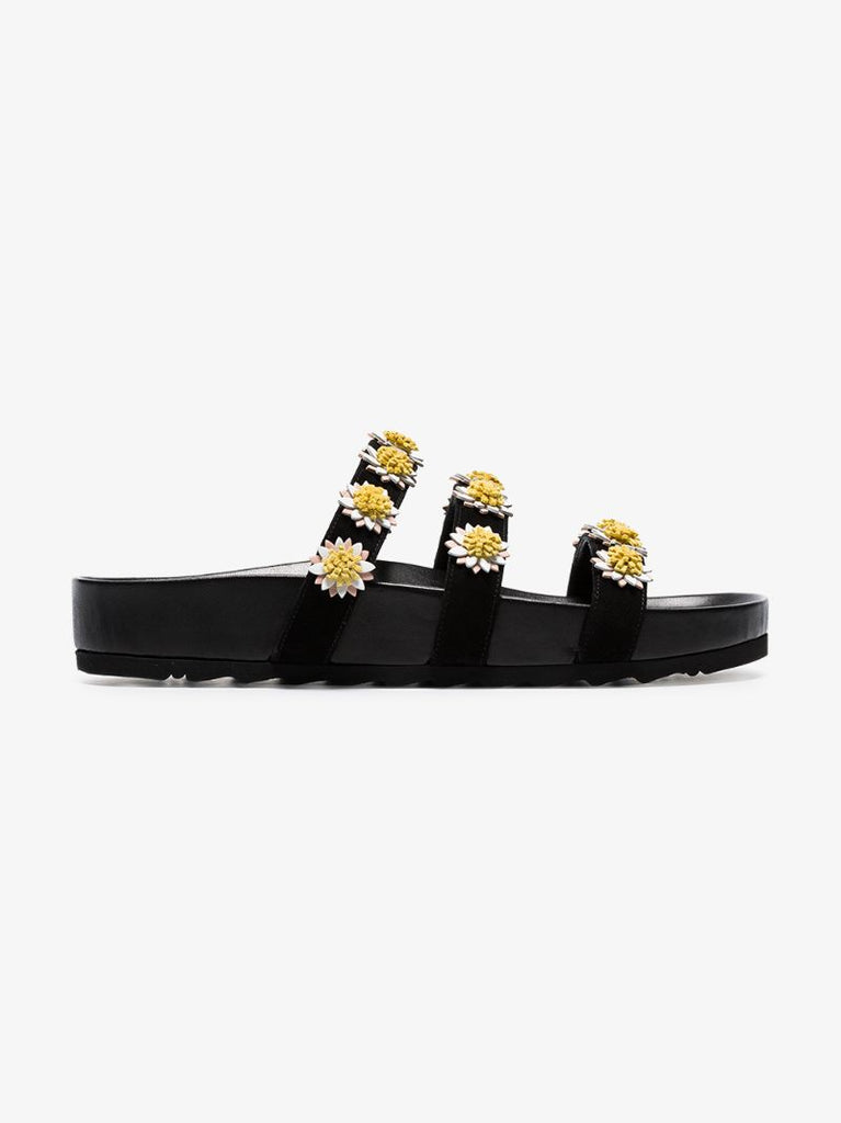 Black Daisy Embellished Suede and Leather Sandals