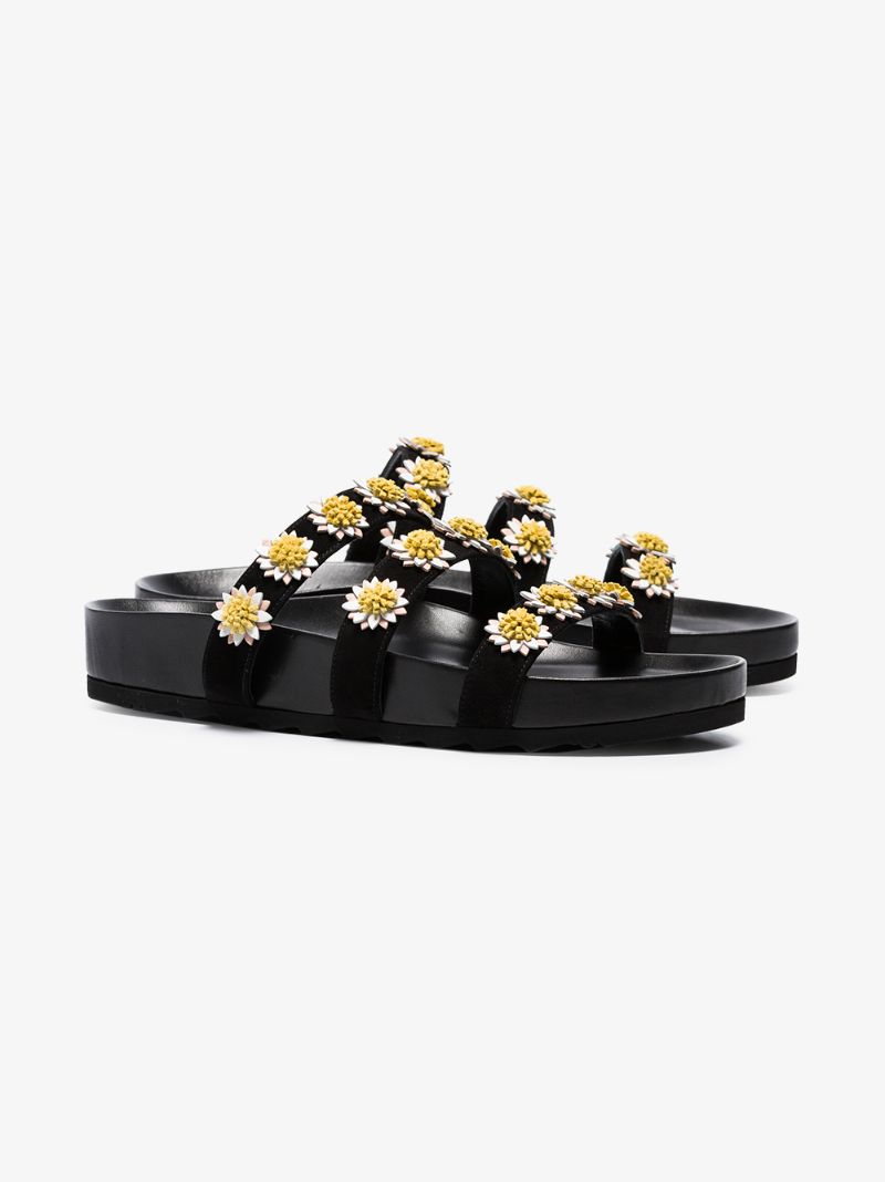 Black Daisy Embellished Suede and Leather Sandals