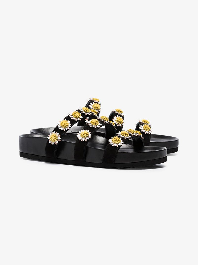 Black Daisy Embellished Suede and Leather Sandals