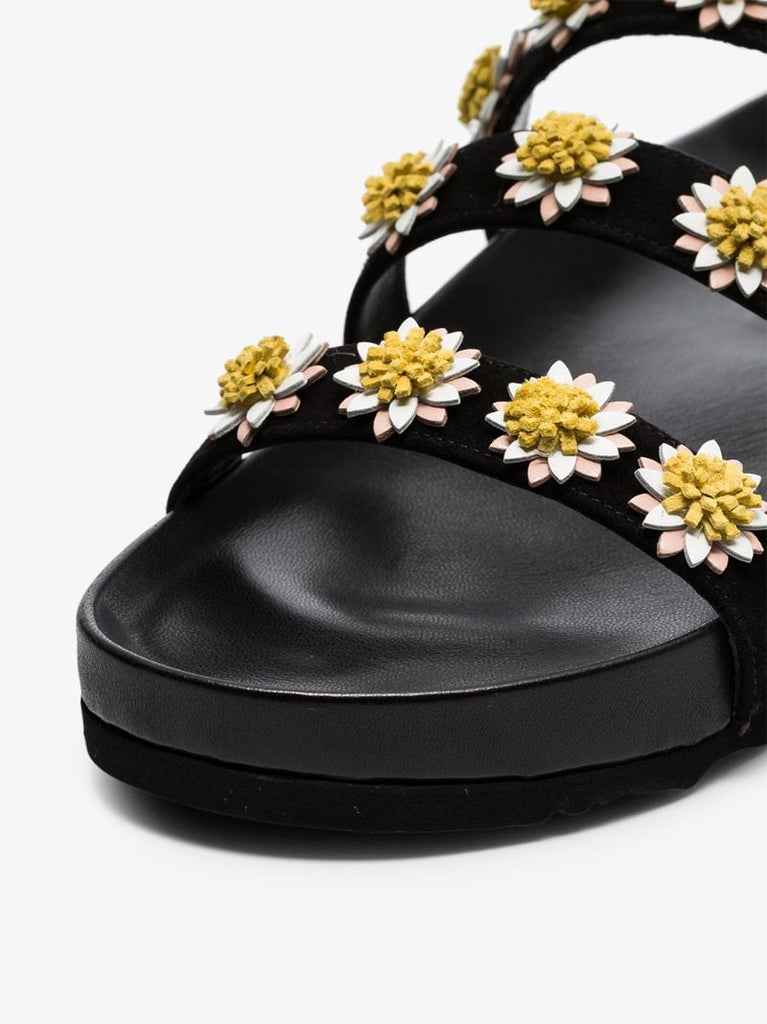 Black Daisy Embellished Suede and Leather Sandals