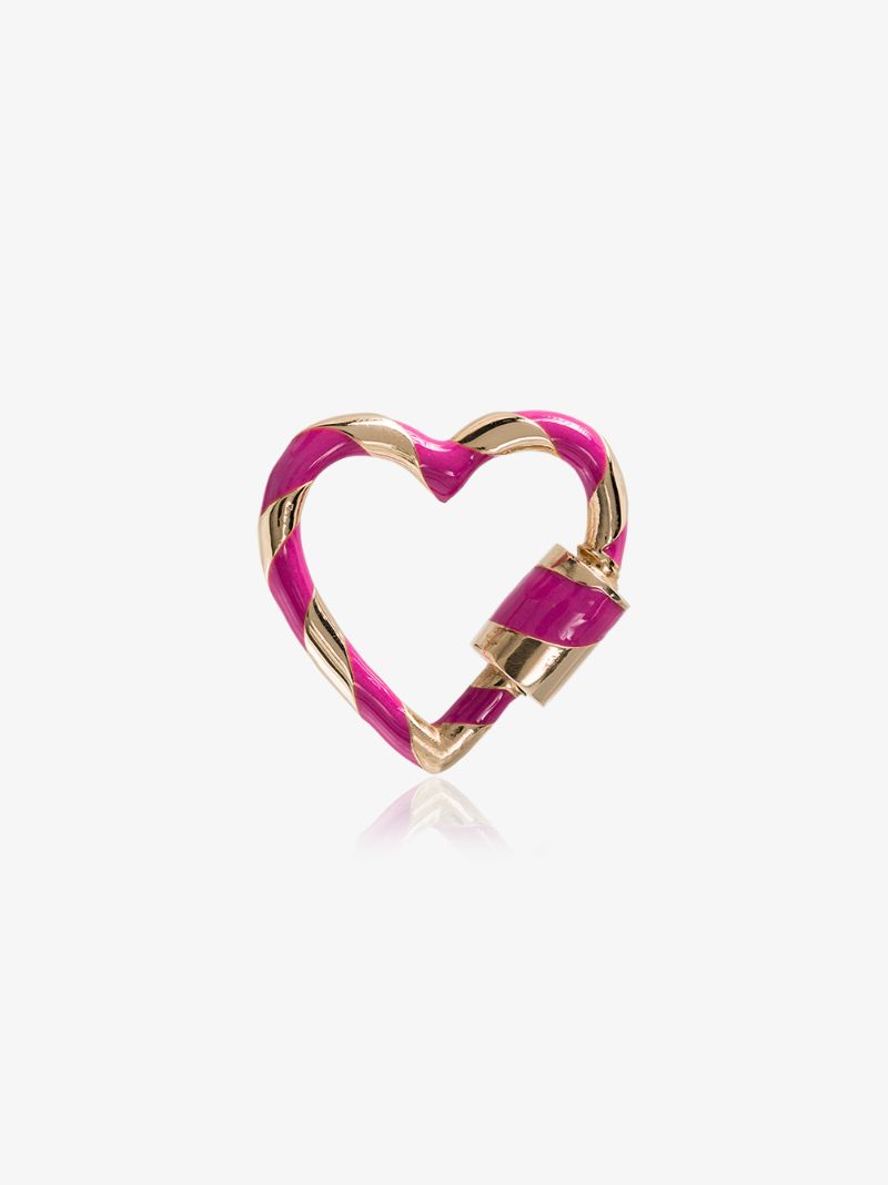14k Yellow Gold Striped Fuchsia Enamel Heart Lock Charm