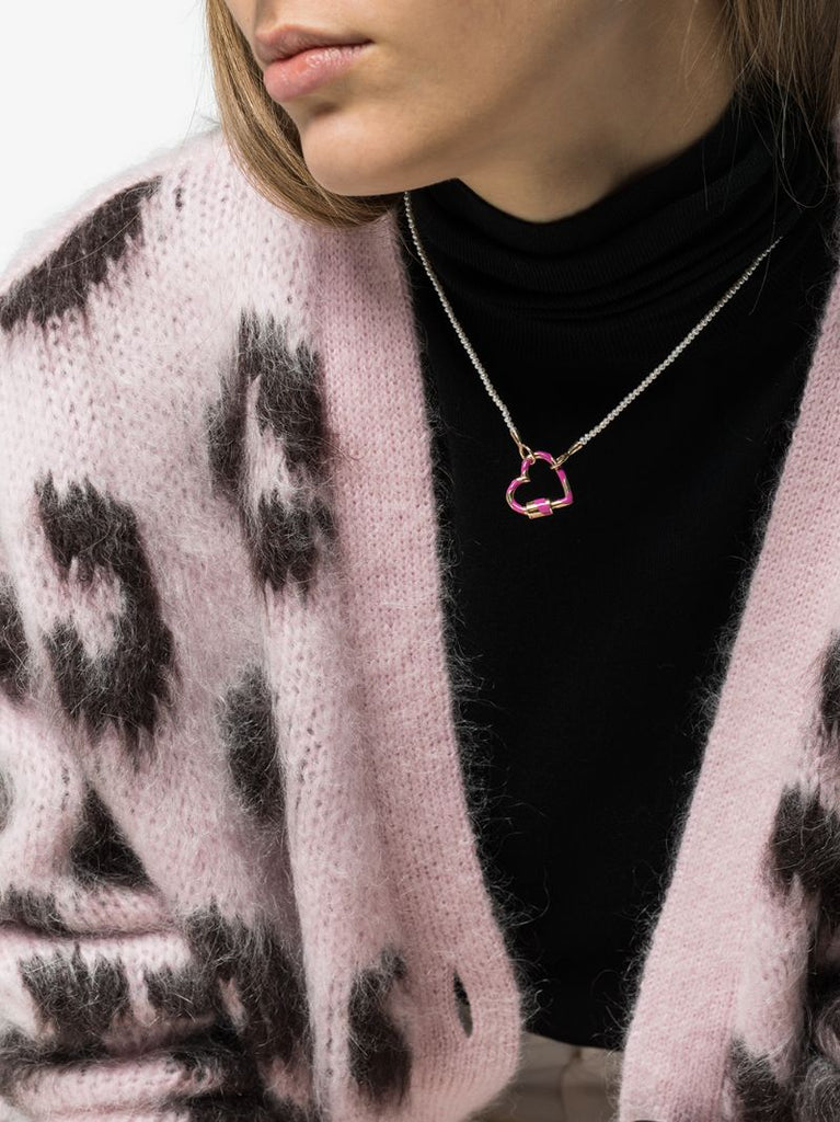 14k Yellow Gold Striped Fuchsia Enamel Heart Lock Charm