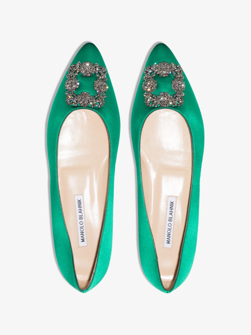 Green Hangisi Satin Flat Pumps