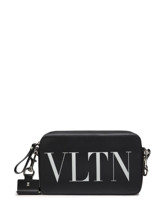Black Vltn Leather Messenger Bag