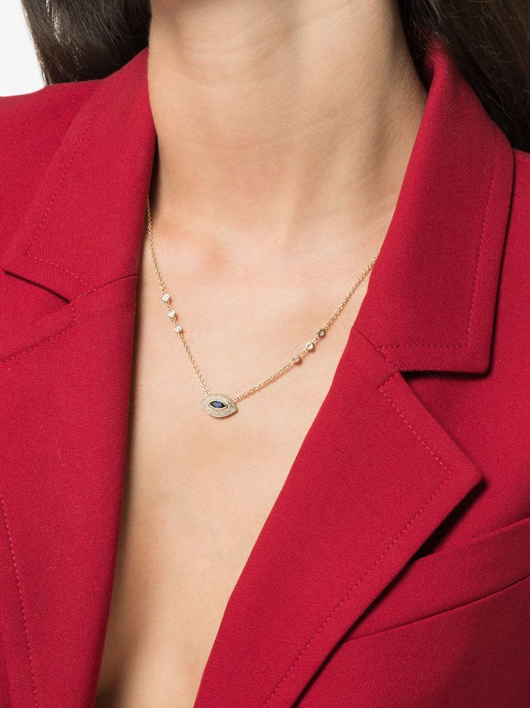 14k Yellow Gold Eye Diamond Sapphire Necklace
