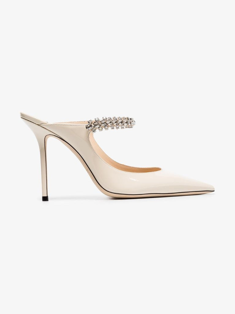 Linen White Bing 100 Crystal Anklet Patent Leather Mules