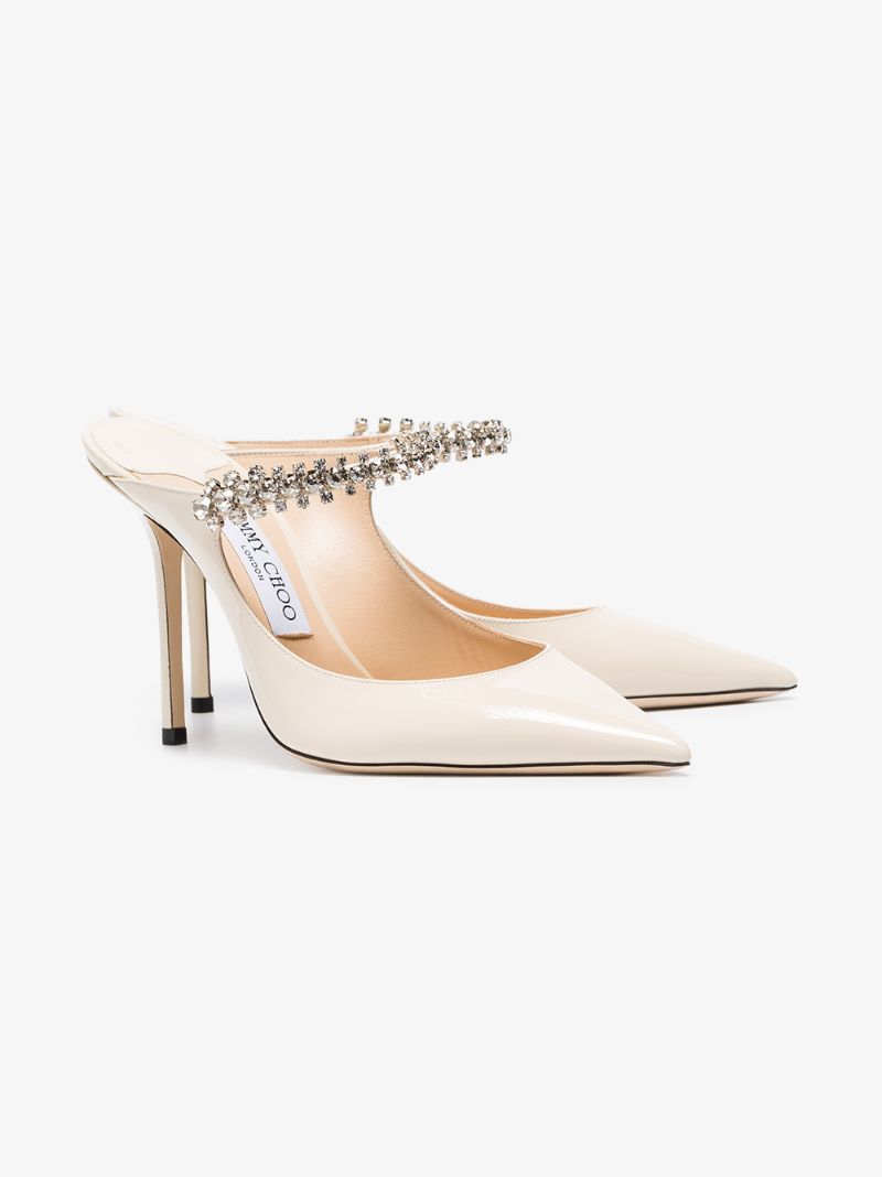 Linen White Bing 100 Crystal Anklet Patent Leather Mules