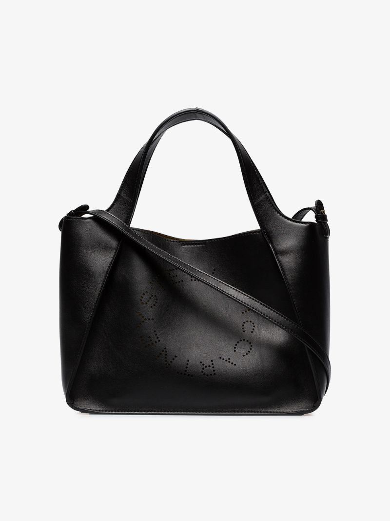 Black Stella Logo Perforated Faux Leather Cross Body Bag