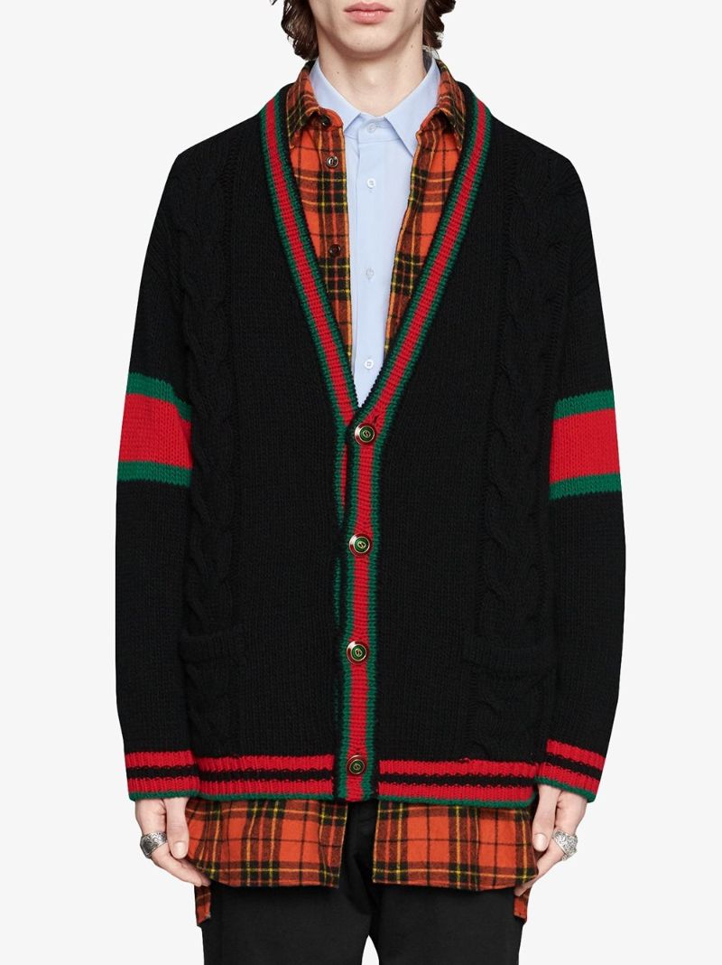 Web Stripe Cable Knit Wool Cardigan