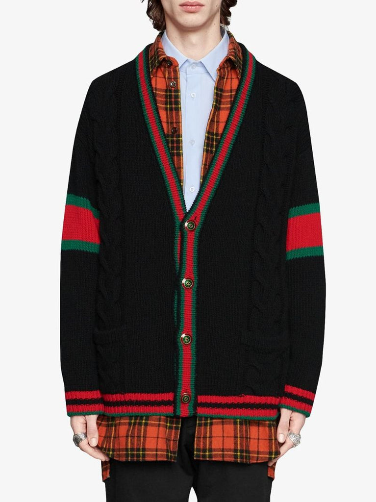Web Stripe Cable Knit Wool Cardigan