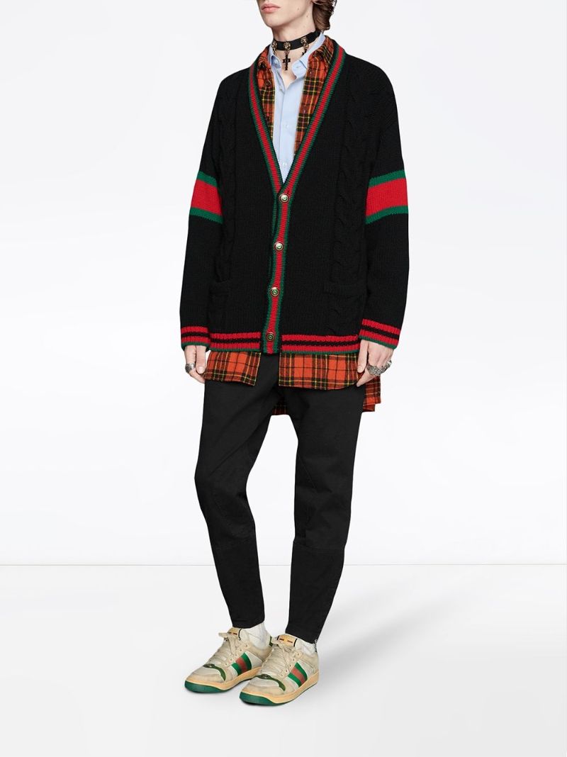 Web Stripe Cable Knit Wool Cardigan