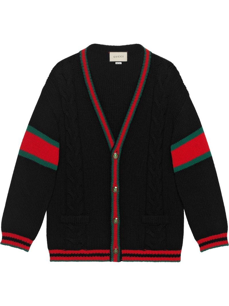Web Stripe Cable Knit Wool Cardigan