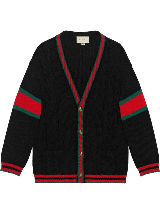 Web Stripe Cable Knit Wool Cardigan