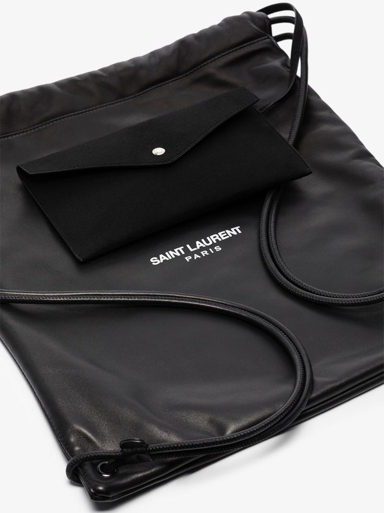 Black Drawstring Logo Print Leather Backpack