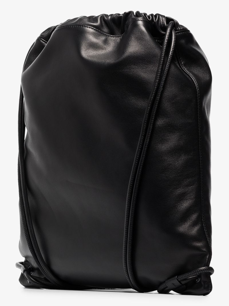 Black Drawstring Logo Print Leather Backpack